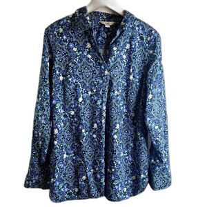 Croft & Barrow Blue Floral Print Pullover Cotton Blend Top Size Small